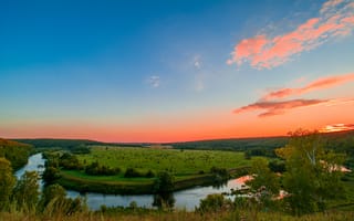 Картинка река упа, Тульская область, закат оранжевый, водный поток, россия, зеленый луг, чистое небо, пейзаж, 5к