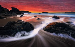 Картинка Маршалл Бич, Сан-Франциско, океан, длительное воздействие, горные породы, пейзаж, морской пейзаж, оранжевое небо, закат
