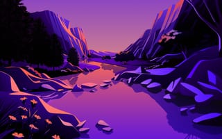 Картинка озеро, горы, макос биг сюр, иллюстрация, эстетический, горные породы, запас, 5к, фиолетовое небо, сумерки, иос 14, розовое небо, закат, пейзаж