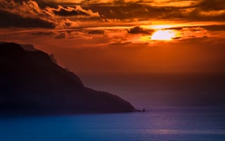 Картинка остров майорка, Испания, облачное небо, сумерки, водное пространство, пейзаж, прибрежный, 5к, океан, закат оранжевый