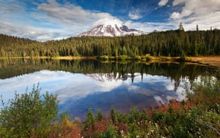 Картинка зеркальное озеро, зеленые деревья, облачное небо, лес, ледниковые горы, отражение, заснеженный, пейзаж, водное пространство