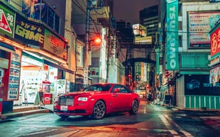 Картинка Rolls-Royce Dawn Black Badge, 2021, 5к, улицы, Токио, огни, городской пейзаж, 8k, ночь
