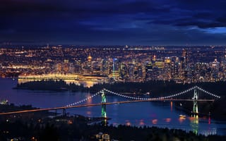 Картинка мост Львиные ворота, Ванкувер Сити, ночное время, горизонт, огни города, длительное воздействие, подвесной мост, городской пейзаж, Канада, темное небо