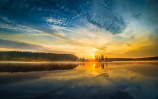 Картинка восход, Йеллоустонский Национальный Парк, облака, зеркальное озеро, водное пространство, 5к, туманный, отражение, Утренний свет