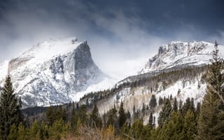Картинка Халлет пик, Скалистые Горы, пейзаж, Колорадо, туманный, 5к, зима, заснеженный, вершина горы, зеленые деревья