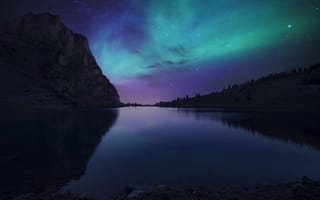 Картинка Банналпси, Швейцария, отражение, цифровая композиция, резервуар, Северное сияние, звездное небо, горы, астрономия, водное пространство, пейзаж, силуэт