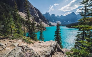 Картинка моренное озеро, Канада, Солнечный день, облака, долина десяти вершин, горный хребет, пейзаж, национальный парк банф, бирюзовая вода