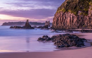 Картинка скалы собора, Австралия, скалистый берег, длительное воздействие, скальные образования, восход, утес, пейзаж, достопримечательность, 5к, вулканический морской стек, фиолетовое небо