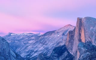 Картинка ОС Х Йосемити, полукупол, запас, 5к, розовое небо, горы, сумерки, Йосемитский национальный парк, Йосемитская долина, закат, Калифорния, утес