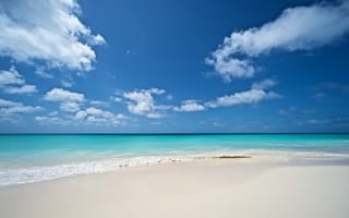Картинка пляж, морской пейзаж, бирюзовая вода, пейзаж, спокойствие, горизонт, 5к, облака, волны, голубой океан, голубое небо