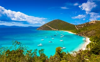 Картинка Йост Ван Дайк, Британские Виргинские острова, живописный, бирюзовая вода, тропический, пляж, морской пейзаж, пейзаж, красивый, облака, голубое небо, лодки