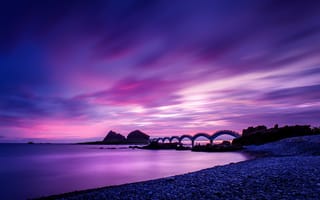 Картинка Мост Саньсяньтай, Тайвань, облака, живописный, фиолетовое небо, длительное воздействие, берег, 8k, пейзаж, рассвет, морской пейзаж, 5к