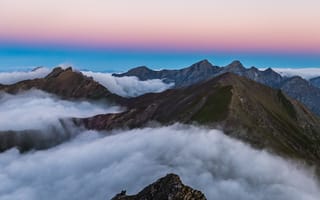 Картинка горный хребет, восход, Швейцария, белые облака, Давос, с высоты птичьего полета, 5к, горные вершины, красивый