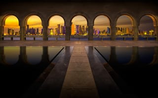 Картинка музей исламского искусства, Доха, арки, огни города, HDR, шаблон, небоскребы, длительное воздействие, Катар, горизонт города