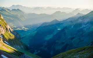Картинка Ротштейнпасс, Швейцария, пейзаж, долина, восход, смотровая площадка, туман, горный хребет, Альпштайн