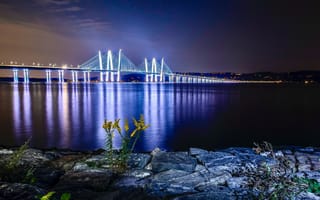 Картинка вантовый мост, водное пространство, ночное время, закат, отражение, пейзаж, река, рассвет, 5к