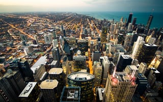 Картинка Чикаго Сити, городской пейзаж, небоскребы, сумерки, пейзаж, линия горизонта, горизонт, с высоты птичьего полета, огни города