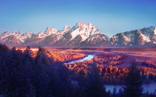Картинка национальный парк Гранд-Титон, змеиная река, ледниковые горы, заснеженный, голубое небо, эстетический, Вайоминг, пейзаж, восход, США, 5к, горный хребет