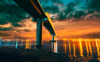 Картинка Мост Серхио Осменьи, Филиппины, облачное небо, водное пространство, огни города, отражение, Мост Мактан-Мандауэ, 5к, сумерки, закат