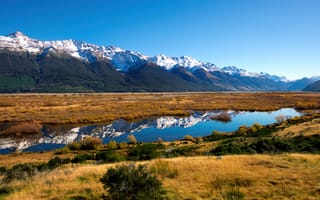 Картинка к югу от Ривенделла, Новая Зеландия, заснеженный, горный хребет, ледниковые горы, отражение, пейзаж, голубое небо