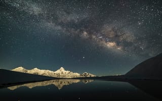Картинка гора Гонгга, минья конка, Китай, ледниковые горы, озеро, астрономия, Млечный Путь, космическое пространство, отражение, ночное время, звездное небо, горная вершина