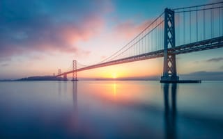 Картинка Оклендский мост через залив, Сан-Франциско, длительное воздействие, восход, Калифорния, водное пространство, пейзаж, 5к