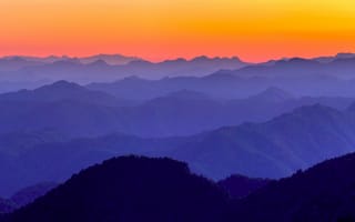 Картинка горы голубого хребта, Соединенные Штаты Америки, с высоты птичьего полета, 5к, туманный, красивый, горный хребет Аппалачей, пейзаж, оранжевое небо
