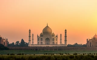 Картинка тадж махал, Индия, оранжевое небо, пейзаж, древняя архитектура, чудеса света, ориентир, закат, достопримечательность, знаменитое место, 5к