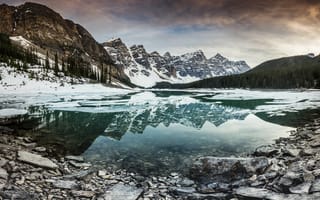 Картинка горное озеро, горный хребет, сумерки, пейзаж, отражение, 8k, зима, 5к, заснеженный