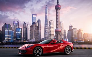 Картинка феррари 812 гтс, красные автомобили, городской пейзаж, 5к, Шанхай, небоскребы