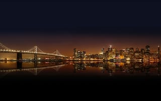 Картинка Мост через залив Сан-Франциско-Окленд, горизонт города, ночное время, небоскребы, городской пейзаж, огни города, водное пространство, 5к, отражение, 8k