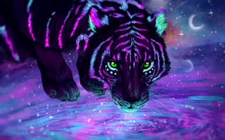 Картинка тигр, неон, цифровая краска, светящийся