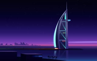 Картинка Бурдж аль-Араб, роскошный отель, Дубай, иллюстрация, ночь, городской пейзаж
