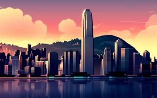 Картинка Гонконг, городской пейзаж, небоскребы, здания, закат, иллюстрация