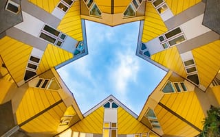 Картинка современная архитектура, кубические дома, 5к, 8k, вид на небо, Роттердам, Нидерланды