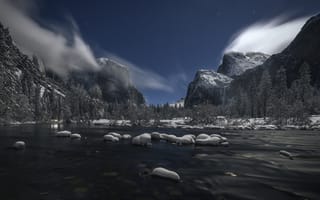 Картинка Йосемитский национальный парк, пейзаж, 8k, зима, река, 5к, вечер