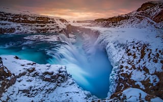 Картинка водопад, зима, река, 5к, длительное воздействие, Исландия