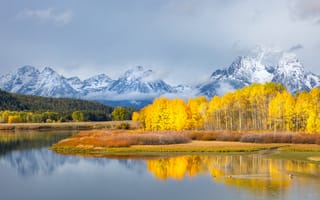 Картинка национальный парк Гранд-Титон, осень, облачно, зима, горы, падать, отражение, озеро