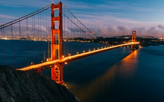 Картинка Мост "Золотые ворота, Сан-Франциско, вечер, Калифорния, закат, 5к, огни