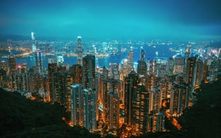 Картинка Гонконг, пик виктории, ночь, линия горизонта, городской пейзаж, столичный, 5к, огни города