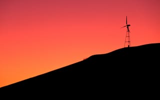 Картинка ветряная мельница, восход, холм, оранжевое небо, силуэт, рассвет, 5к