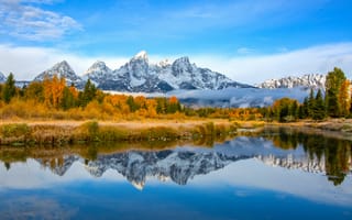 Картинка национальный парк Гранд-Титон, горы, отражение, озеро, пейзаж, горный хребет Титон, голубое небо, осень