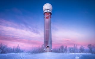 Картинка радиолокационная вышка, зима, фиолетовое небо, восход, заснеженный, мороз, рассвет, 5к