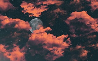 Картинка полнолуние, темный, цифровое искусство, облачное небо, 8k, 5к, звезды