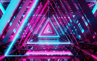Картинка неоновый треугольник, крайний предел; точка схода, форма, 8k, шаблон, 5к, фиолетовый, геометрический