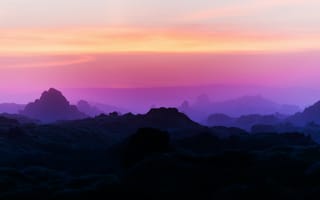 Картинка силуэт горы, горный хребет, рассвет, пейзаж, 5к, фиолетовое небо, восход