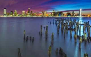 Картинка Нью-Йорк, столичный, линия горизонта, длительное воздействие, пирс, 5к, городской пейзаж, огни города, ночь