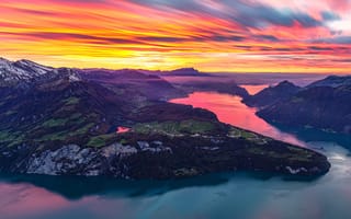 Картинка фрональпсток, послесвечение, оранжевое небо, пейзаж, золотой час, с высоты птичьего полета, горный хребет, сумерки, длительное воздействие, Швейцария