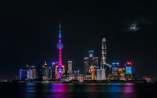 Картинка Шанхай город, линия горизонта, ночное время, городской пейзаж, темное небо, водное пространство, огни города, 5к, небоскребы, отражение