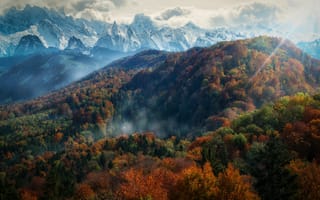 Картинка Альпы, осень, пейзаж, облачно, горный хребет, заснеженный, дневное время, 5к, Европа
